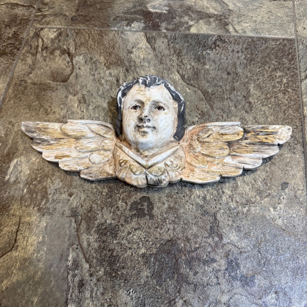 RARE Vintage Carved Wood Religious Antique Finished Cherub‎ with Glass Eyes